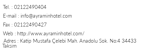 Ayramin Hotel telefon numaralar, faks, e-mail, posta adresi ve iletiim bilgileri